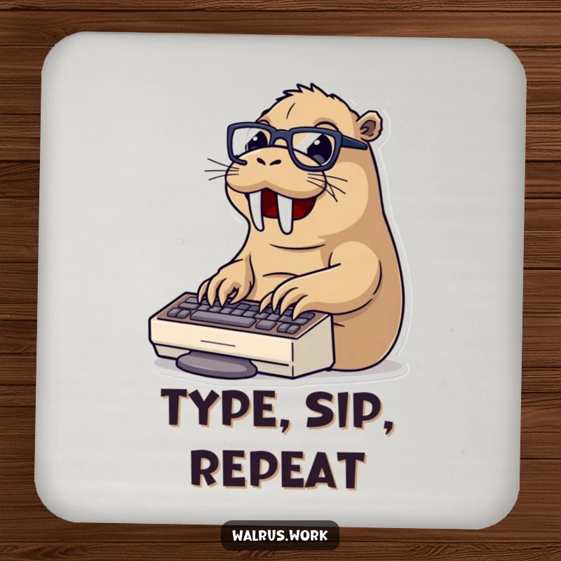 Funny typing walrus coaster with a walrus wearing glasses typing on a keyboard, adding protection and office humor to surfaces.