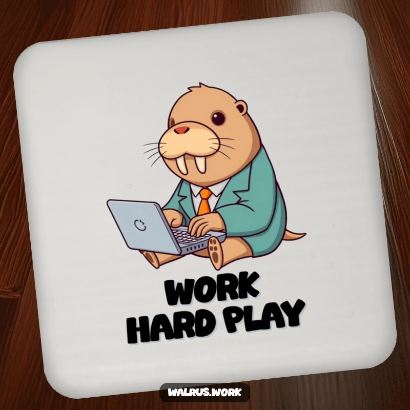 Funny drink coaster with a walrus in a suit typing on a laptop, adding office humor to surfaces.