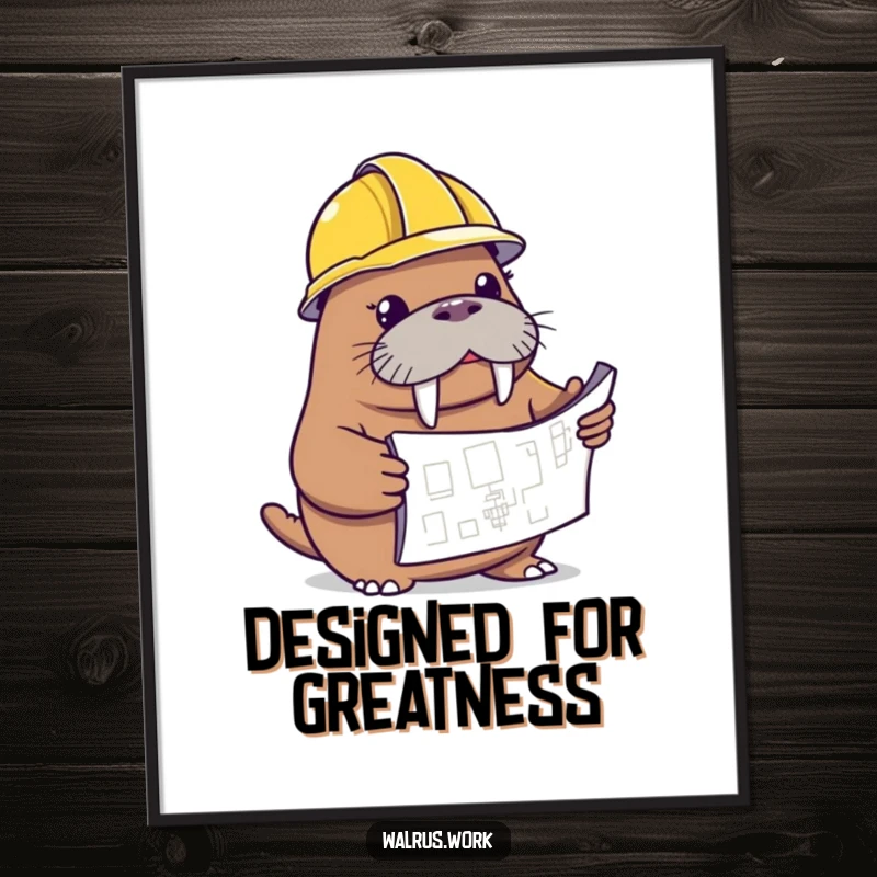 Funny walrus poster featuring a walrus in a hard hat examining a blueprint, perfect for home decor.