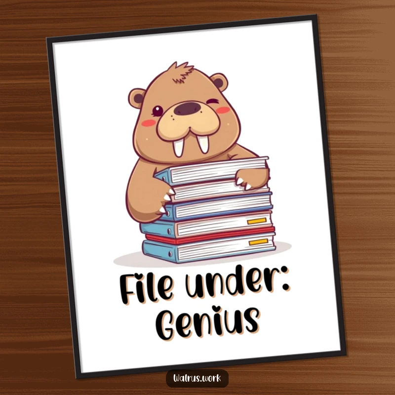 Funny poster of a walrus peeking over a stack of papers and winking, adding humor to any wall.