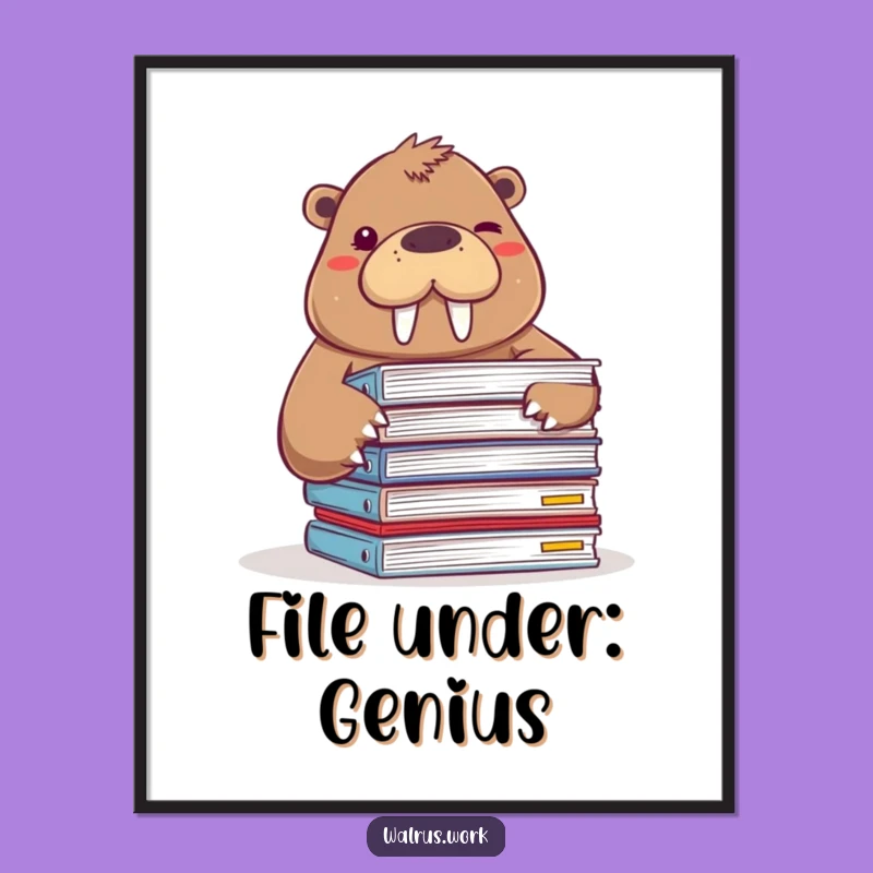 Funny Walrus Winking Behind Files Poster: Hilarious Office Wall Art