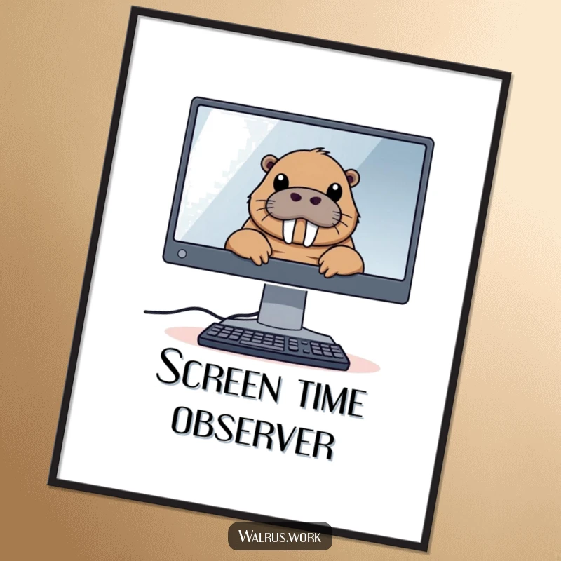 Funny poster art of a walrus peeking over a large computer monitor, embodying a humorous perspective on digital life and screens.