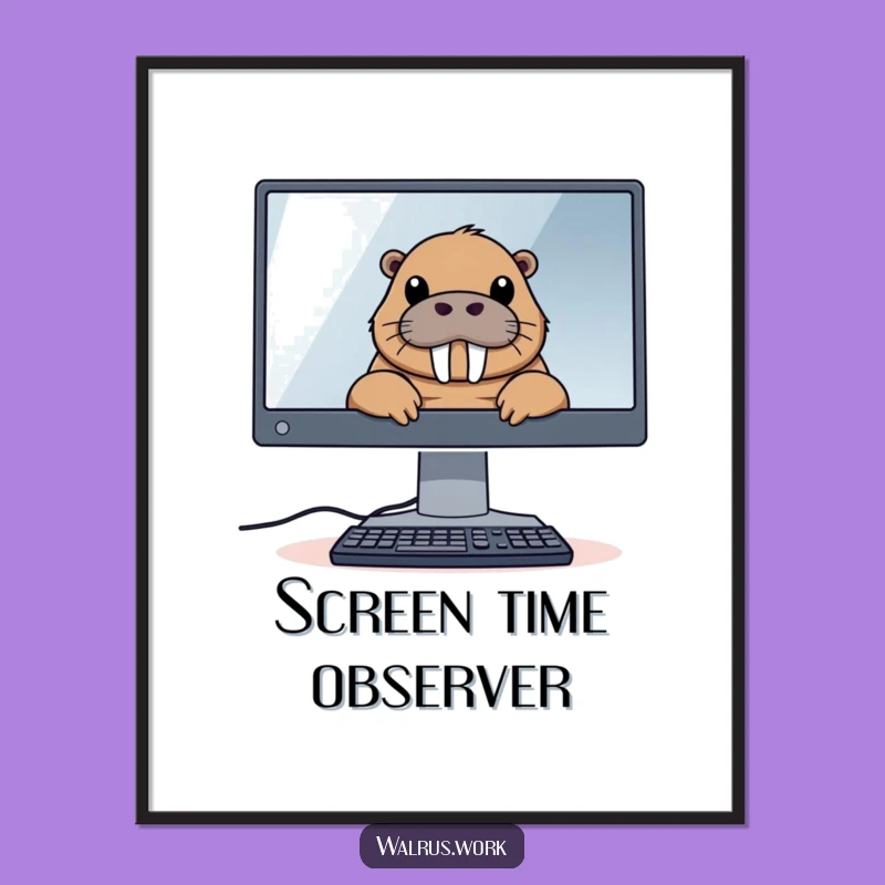 Funny Computer Walrus Art Poster: Monitor Peek Decor, Hilarious Funny Gift