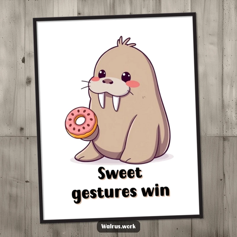Funny smiling walrus poster offering a tiny donut from its flipper, a heartwarming and sweet funny gift.