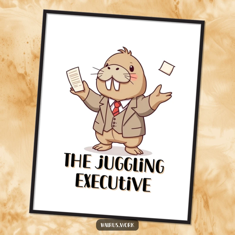 Funny poster art of a walrus wearing a small suit, juggling a pile of papers with skill, embodying professional chaos humor.