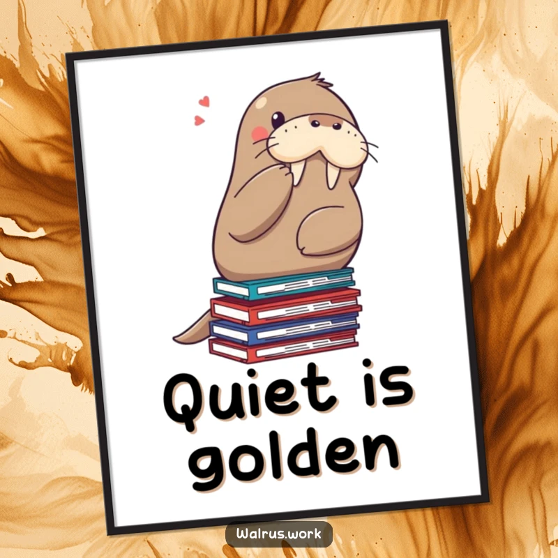 Funny shushing walrus poster, a walrus balancing on files demanding silence, ideal for office walls or home decor.