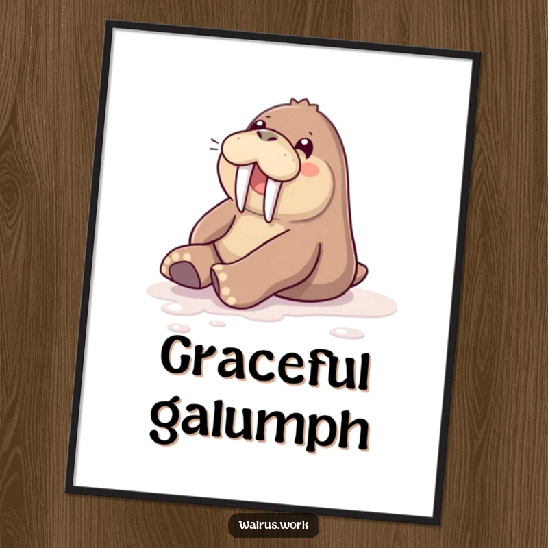 Funny poster of a walrus joyfully sliding on a shiny polished floor, conveying a sense of pure exhilaration.