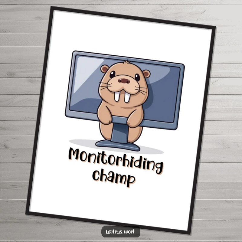 Funny tech walrus poster featuring a walrus peeking from behind a large computer monitor, perfect for office or gaming room decor.