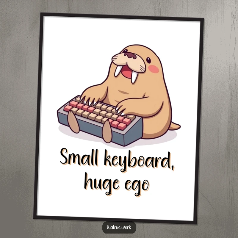 Funny typing walrus poster, a walrus intently typing on a miniature keyboard, bringing joy and digital humor to walls.