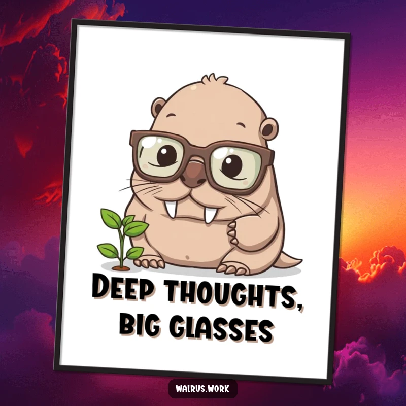 Funny walrus poster, a scholarly creature with oversized glasses, meticulously examining a minuscule sprout, evoking academic pursuit and smiles.
