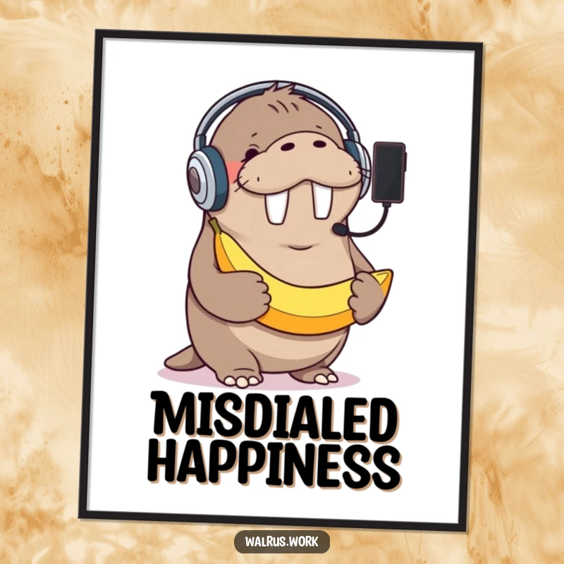 Funny poster of a giggling walrus wearing a headset, holding a banana as a phone, symbolizing hilarious tech mishaps and cheerful distraction.