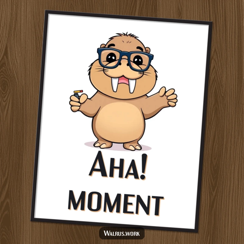 Funny poster of a walrus wearing glasses, pointing at a whiteboard with a triumphant grin, embodying intellectual success.