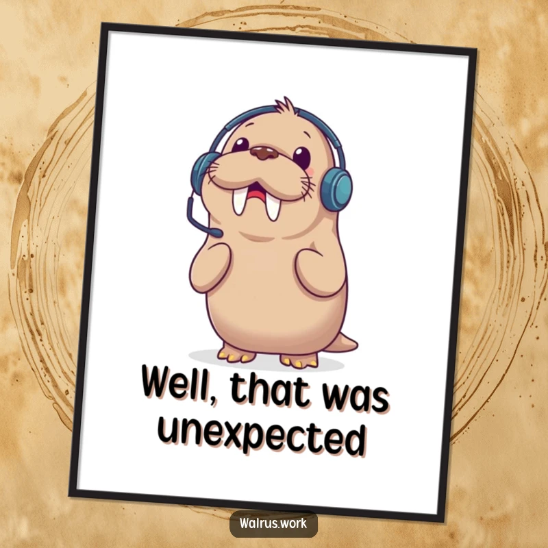 Funny poster of a walrus in a headset, eyes wide with surprise at a ringing phone, perfect office humor decor.