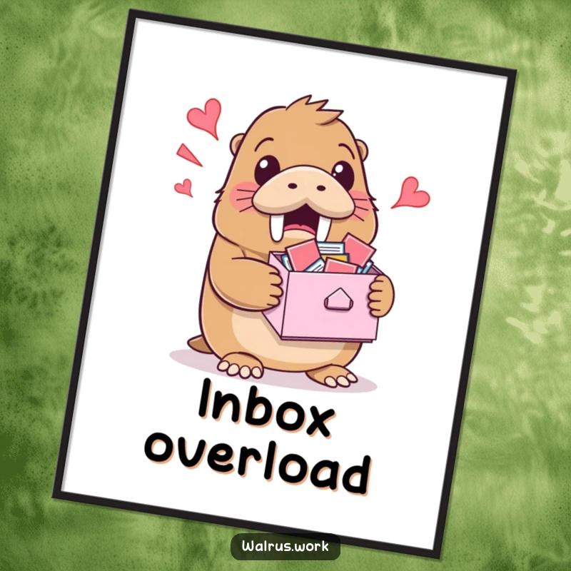 Funny poster of a walrus holding a paper-filled inbox that’s spilling over, with a surprised yet amused face.