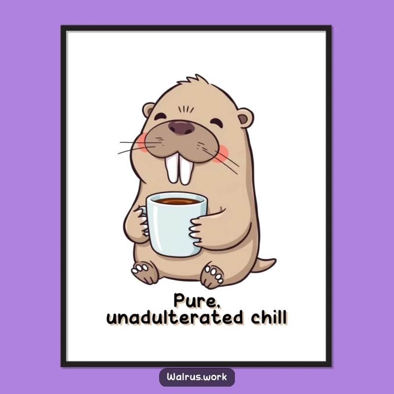 Funny Walrus Poster: Contented Coffee Sip Art, Hilarious Wall Decor Gift Idea