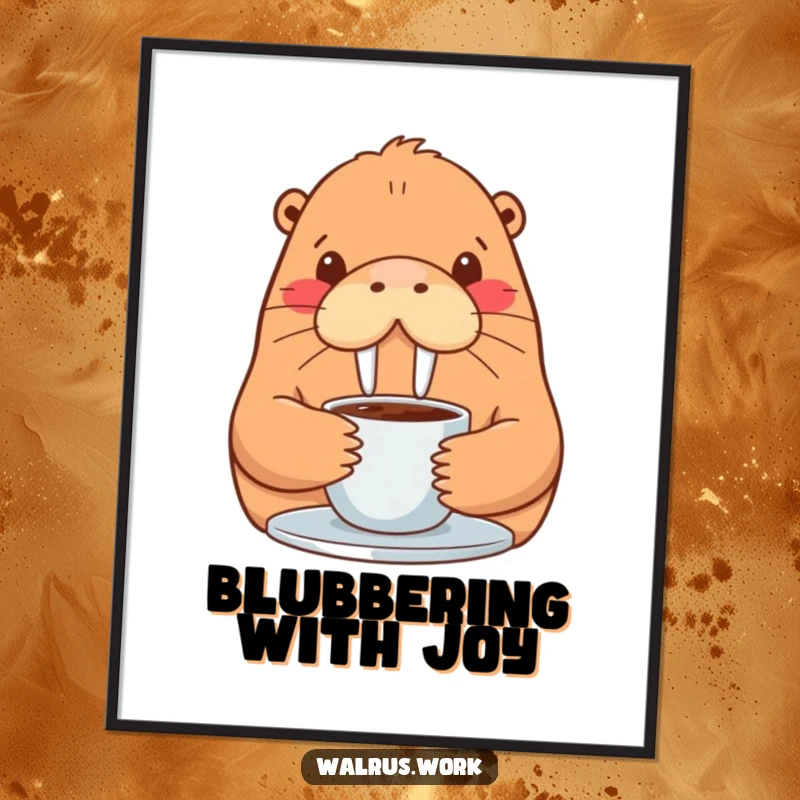 Funny walrus poster print of a walrus with eyes closed in bliss, sipping coffee with a contented smile.