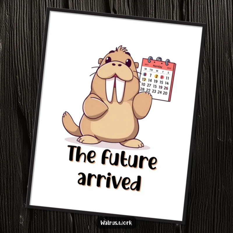 Funny Walrus Poster: A walrus gleefully points at a calendar, celebrating an important date with dramatic flair on this humorous wall art.