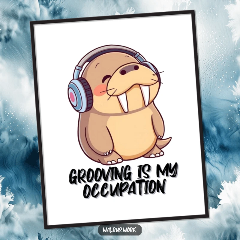 Funny walrus wearing headphones, joyfully bopping its head to music, vibrant poster art.