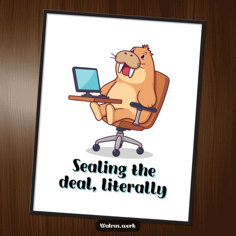 Funny poster art of a walrus gleefully riding an office chair, adding humor and personality to any room.