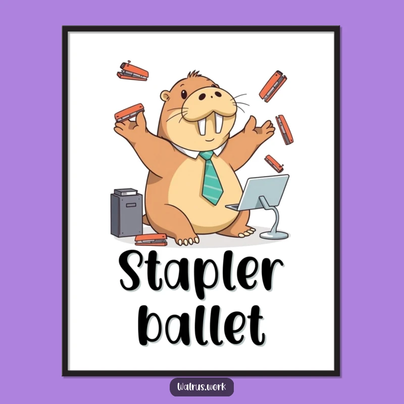 Funny Walrus Stapler Juggling Poster: Decorate with Hilarious Office Antics