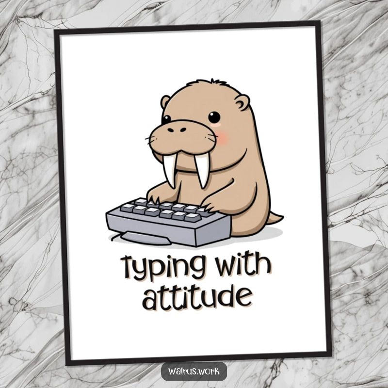 Funny poster featuring a determined walrus using its tusks to type on a computer keyboard, a humorous take on technology.