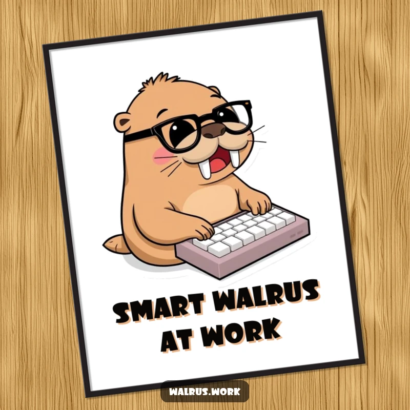 Funny walrus, wearing glasses, joyfully typing on miniature keyboard, office humor, motivational wall art, productive print.