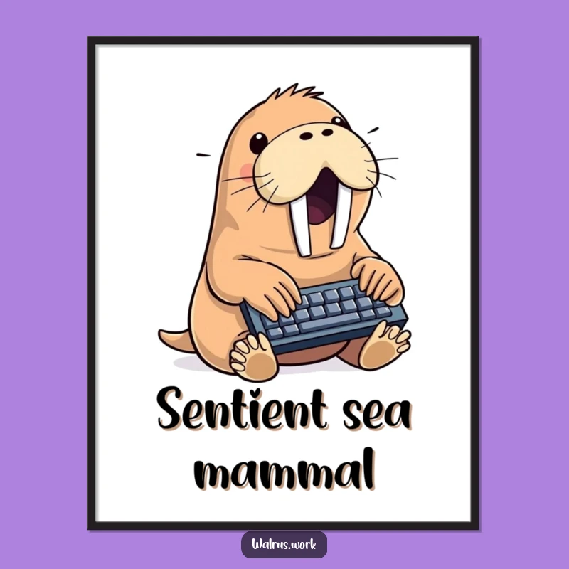 Funny Walrus Typing Poster: Amusing Sea Mammal Office Art, Quirky Wall Decor Gift!