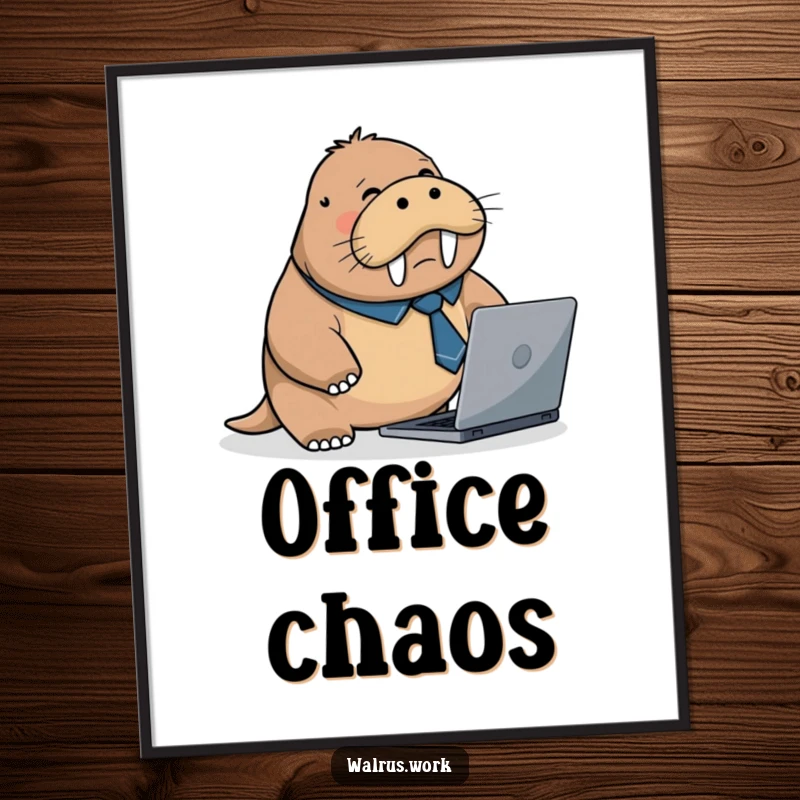 Funny poster of a flustered walrus in a tiny business tie, tripping over a laptop, symbolizing the comical side of workplace struggles.