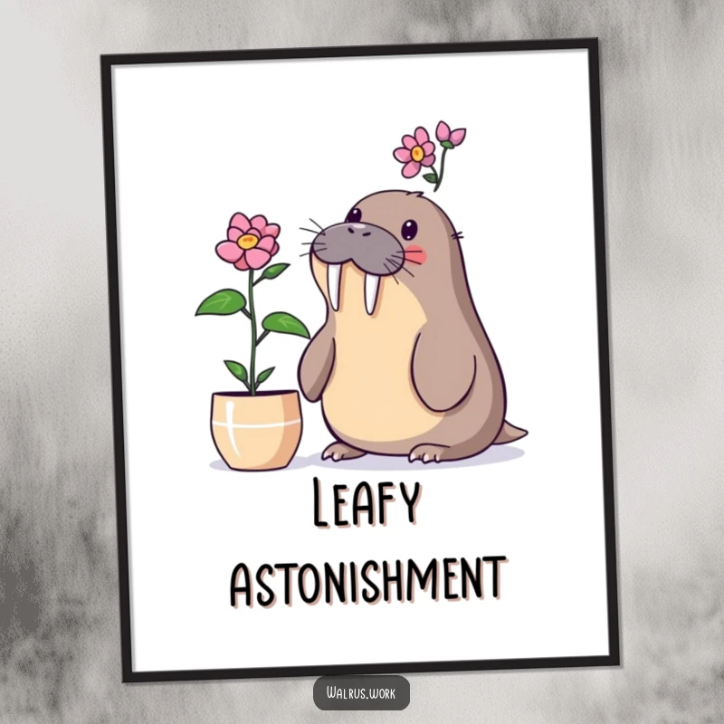 Funny walrus poster with a walrus surprised by a blooming desk plant, perfect for nature decor.