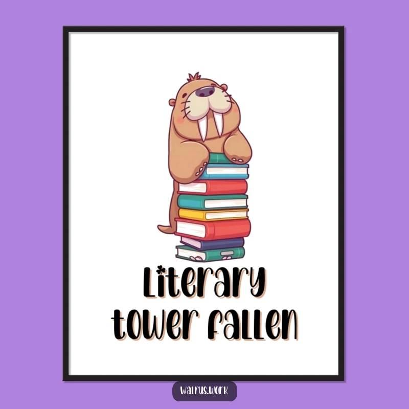 Funny Walrus Poster: Book Stack Art, Hilarious Reader Decor