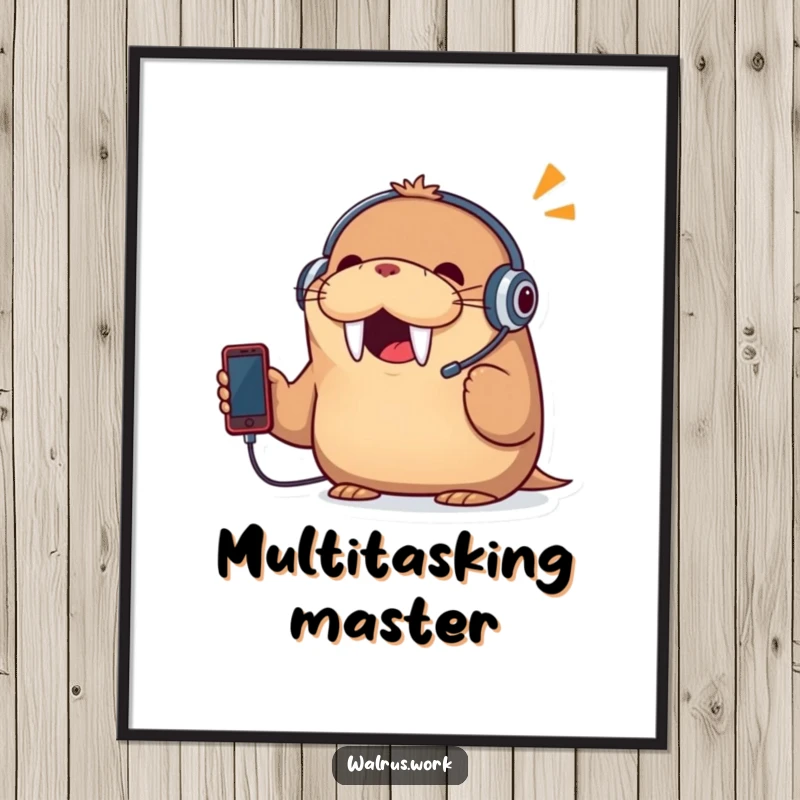 Funny poster featuring a cheerful walrus wearing a headset, energetically talking on a tiny phone, perfect for humorous office or room decor.