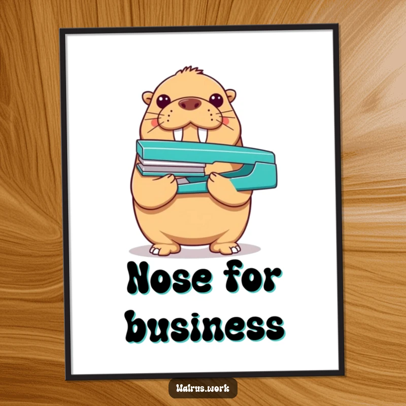 Funny walrus stapler poster displaying a proud walrus balancing a stapler on its nose, perfect for humorous and motivational decor.