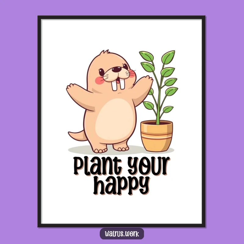 Funny Kawaii Walrus Plant Dance Poster - Hilarious Art for Your Green Space!