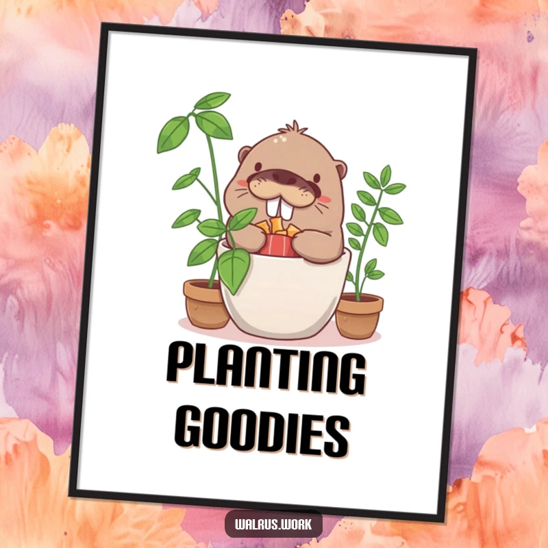 Funny giggling walrus character humorously hiding snacks in a potted plant, creating amusing wall art.