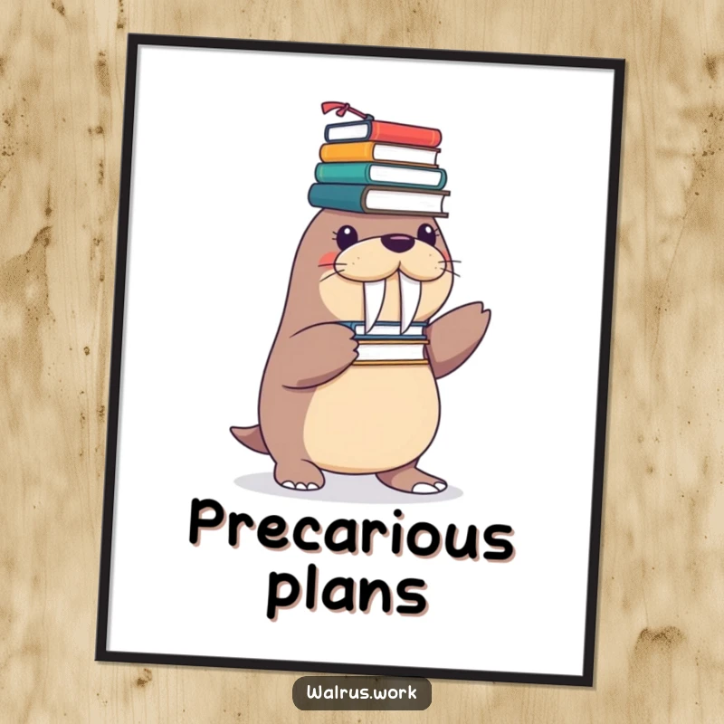 Funny poster showing a playful walrus character attempting to balance a precarious tower of various office supplies on its flippers.