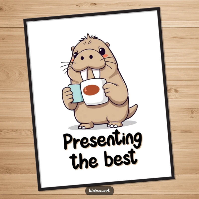Funny Walrus Poster: An excited walrus enthusiastically presents a coffee mug, adding a cheerful and humorous touch to wall art.