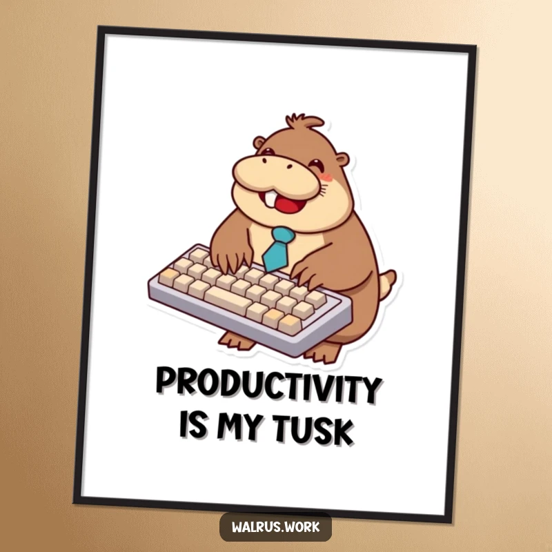 Funny walrus poster showing a smiling walrus wearing a tiny tie, intensely typing on a comically oversized keyboard.