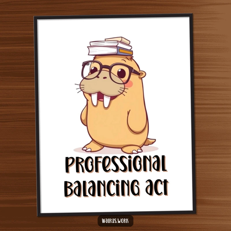 Funny poster of a smiling walrus wearing glasses, expertly balancing a huge stack of papers on its nose, adding humorous charm to any wall.