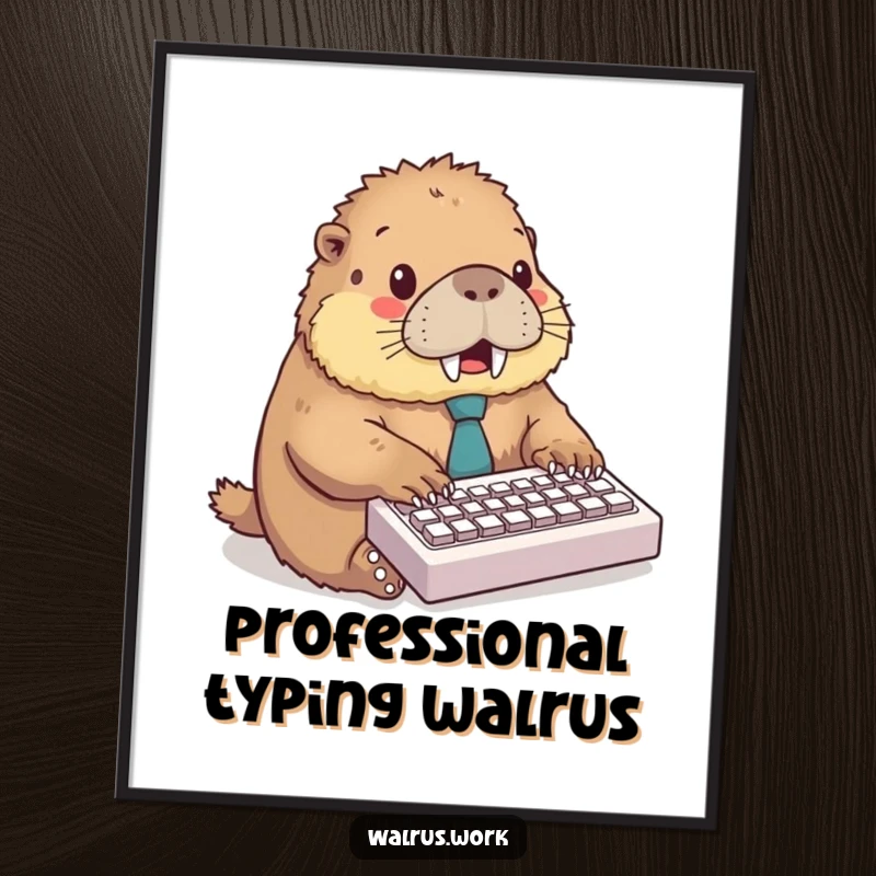 Funny poster of a fluffy walrus wearing a tie, excitedly typing on a miniature keyboard, adding office humor to decor.
