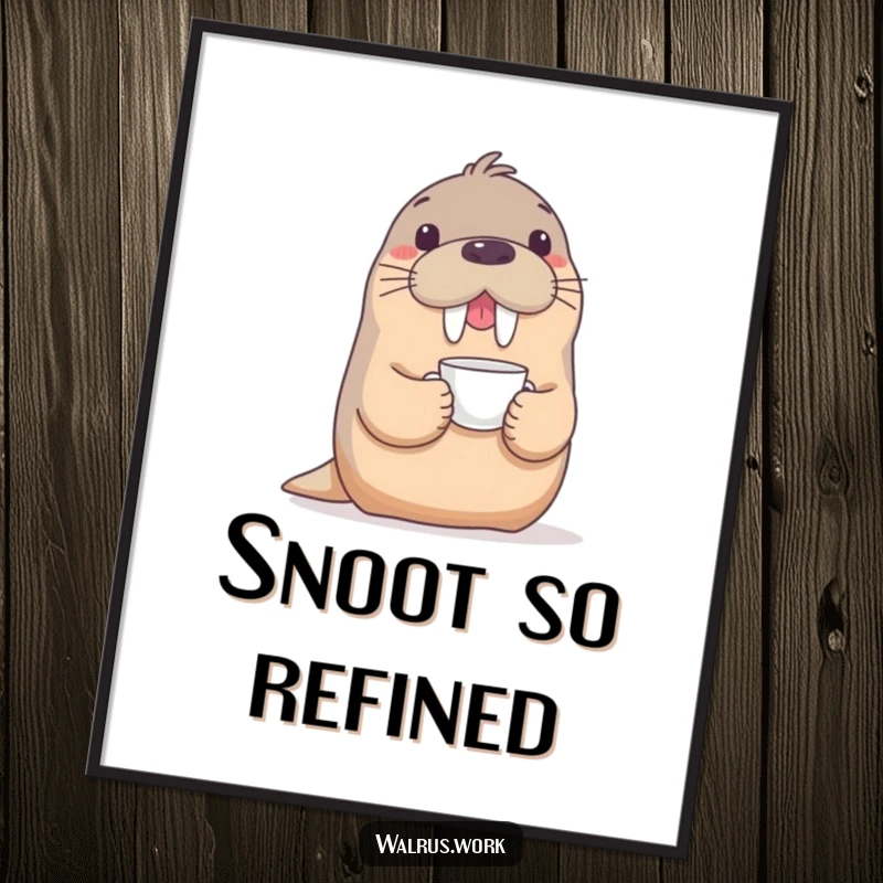 Funny poster featuring a playful walrus delicately balancing a teacup on its snout, adding humorous elegance to any wall.
