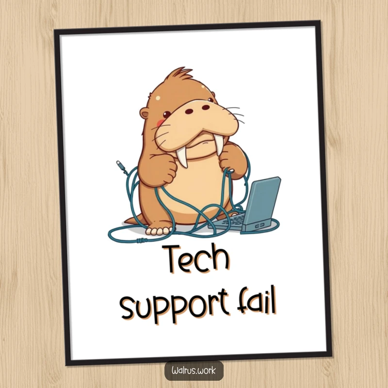 Funny walrus poster depicting a determined walrus character in a comical battle with a chaotic mess of computer cables.