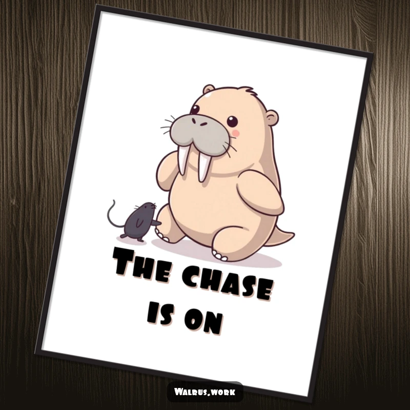 Funny Walrus Poster: A walrus playfully pursues a computer mouse pointer, capturing a humorous and dynamic moment in digital art.