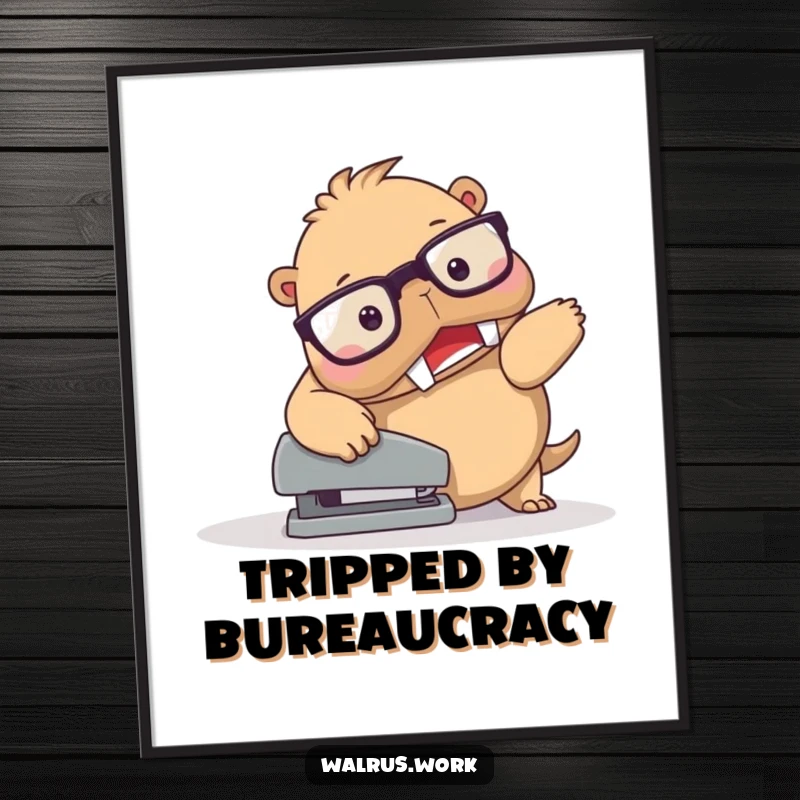 Funny Walrus Stapler Trip Poster: Spectacled walrus character captured in a funny, unbalanced fall over a stapler, perfect for wall decor.