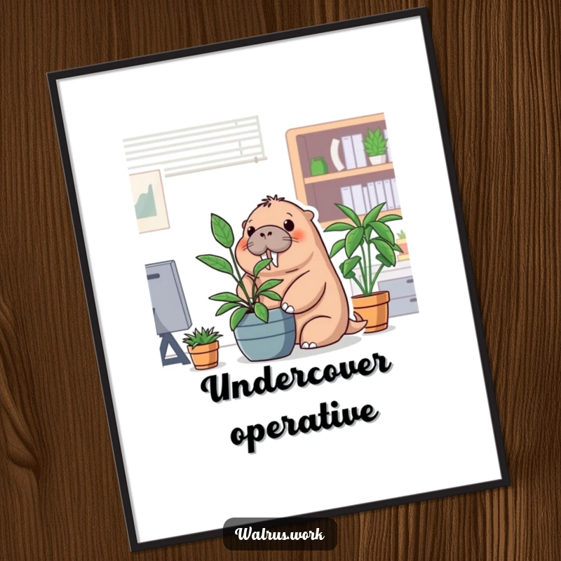 Funny office walrus poster showing a walrus hiding behind a potted plant, perfect for wall decor.