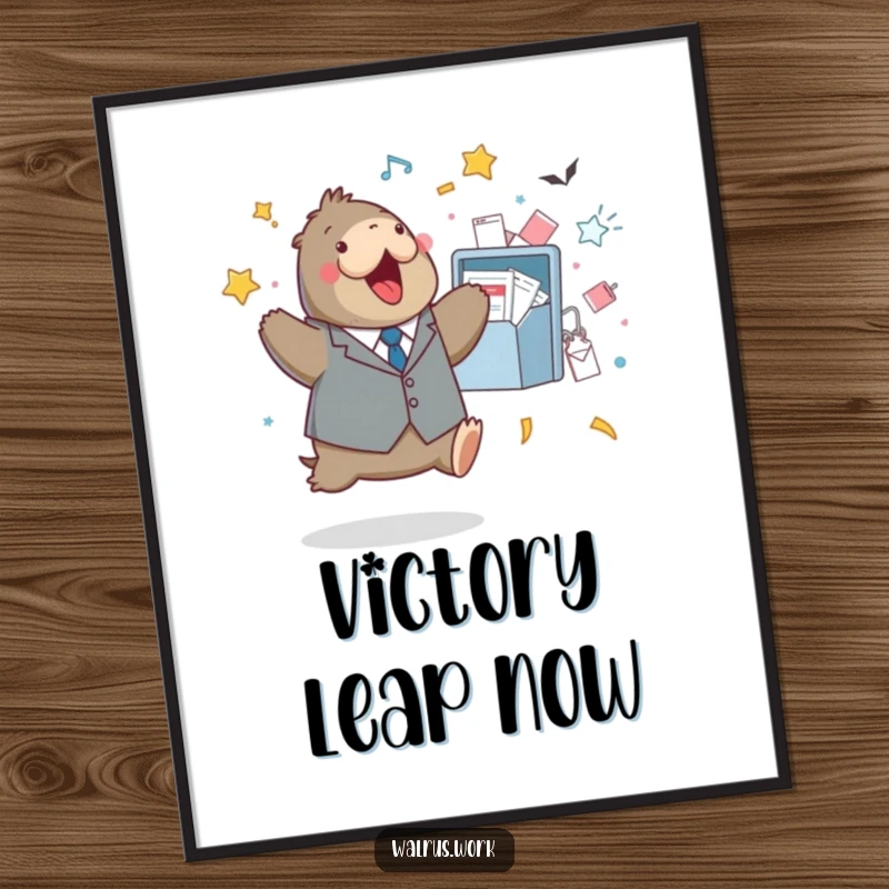 Funny poster depicting a walrus in a tiny suit, exuberantly jumping near a massively overflowing inbox.