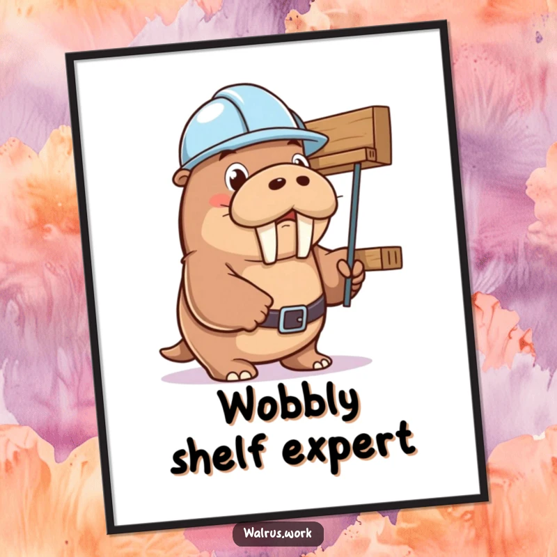Funny walrus in a hard hat, comically stabilizing a jiggling shelf, brings humor to wall decor. Great funny gift art.