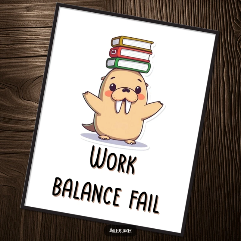 Funny poster art of a cute Kawaii walrus balancing a tall stack of files on its head, symbolizing workload and stress.