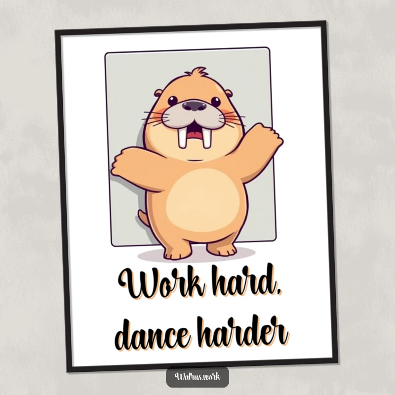 Funny happy dance walrus poster showing a joyful walrus grooving secretly behind office cubicle walls, a cheerful funny gift.