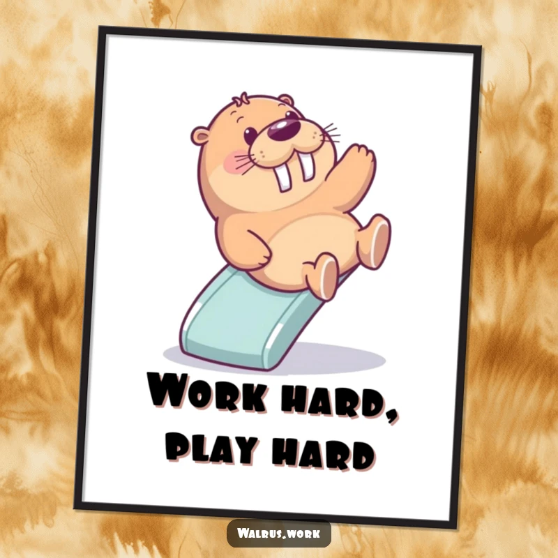 Funny poster depicting a walrus joyfully sliding down a small office slide, capturing a moment of pure bliss and exhilarating fun.