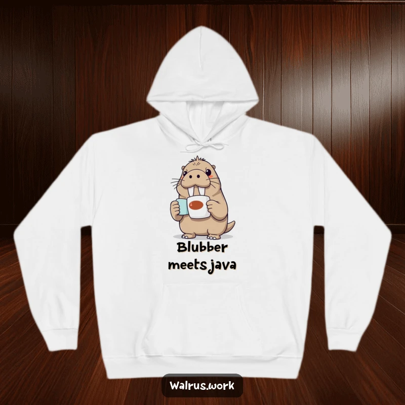 Funny Walrus Hoodie: A happy walrus enthusiastically presents a coffee mug, bringing warmth and humor to this cozy hoodie.